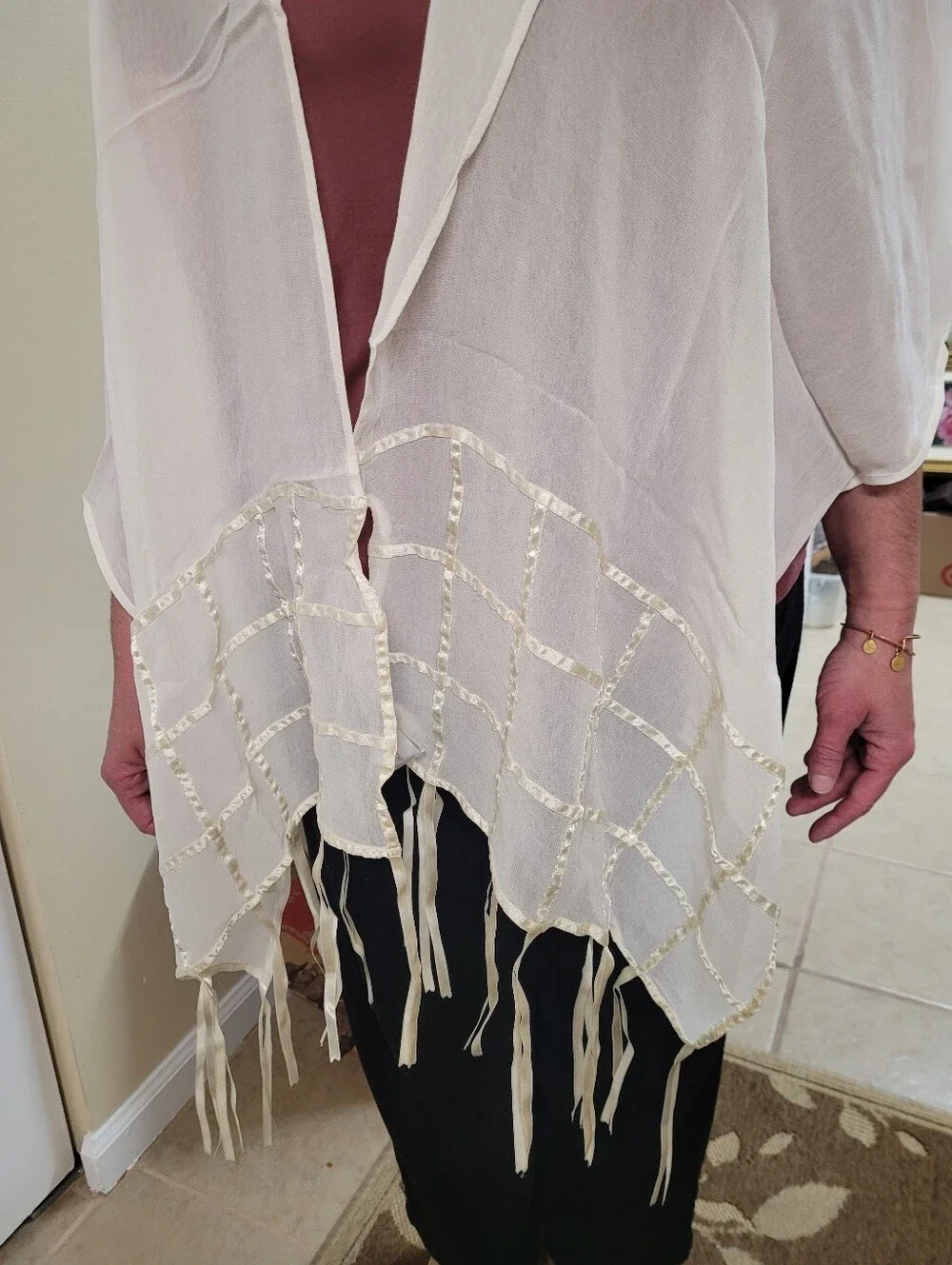 Liz Claiborne Sheer Cream Rectangular Elegant Shawl/Ribbon Accents 80in‎ X 18in